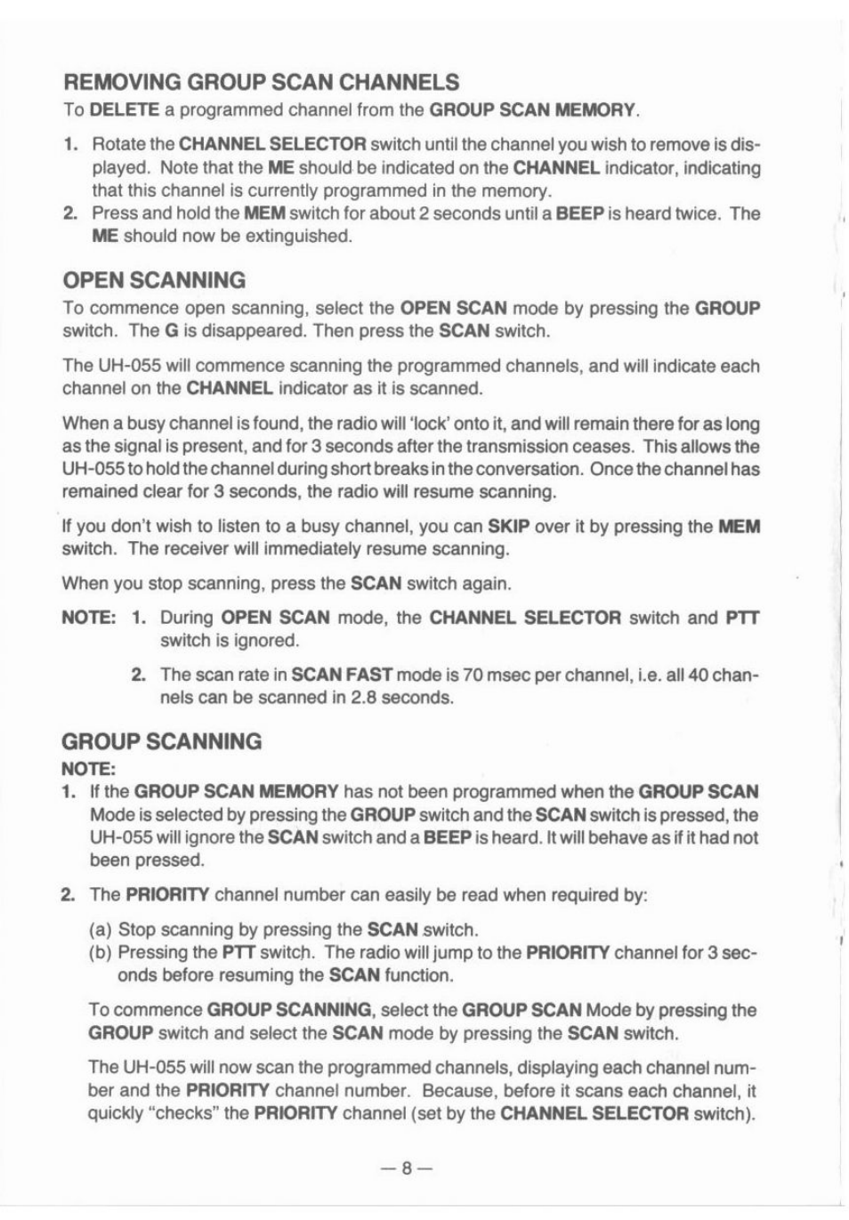 Removing group scan channels, Open scanning, Group scanning | Uniden UH-055 User Manual | Page 8 / 12