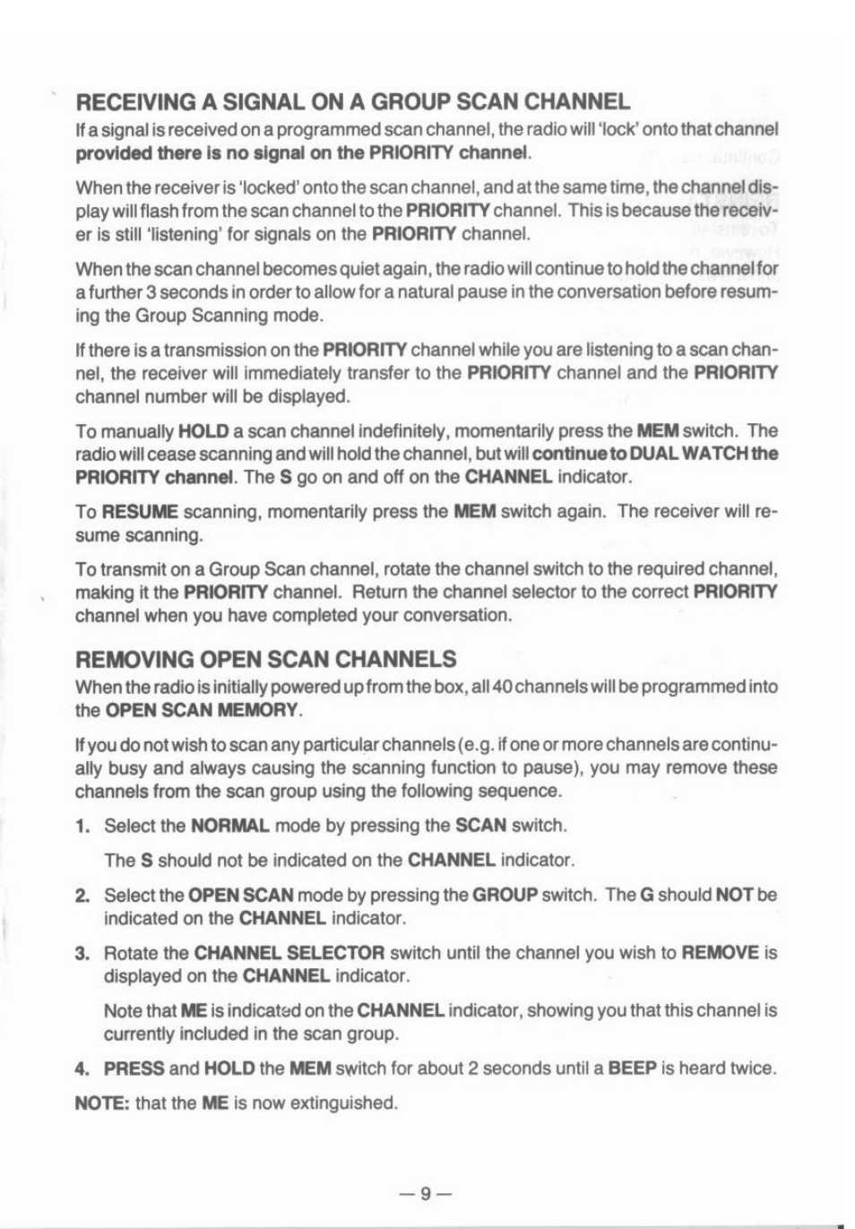 Receiving a signal on a group scan channel, Removing open scan channels | Uniden UH-055 User Manual | Page 9 / 12