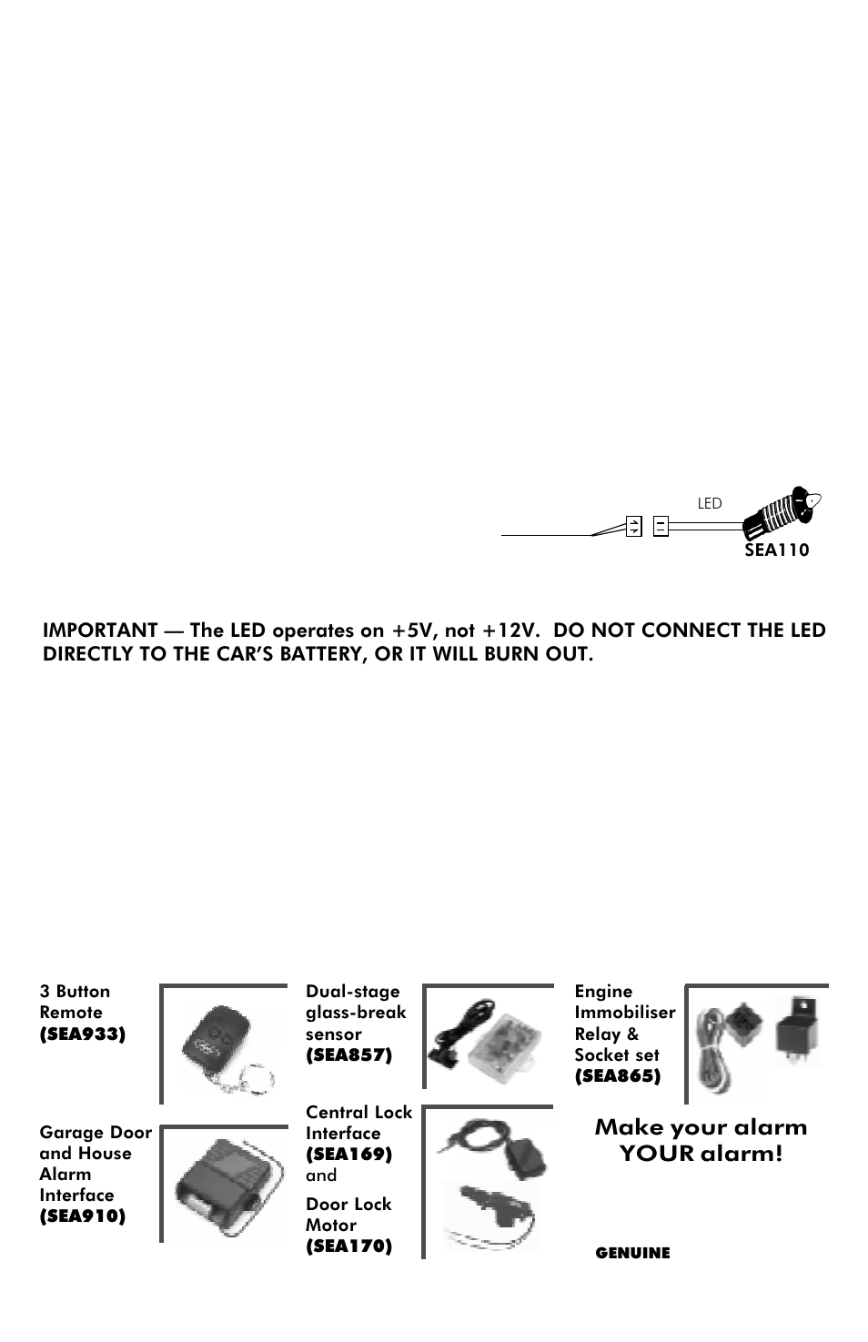 Adjusting the shock sensor, Plug-in led 2-pin red connector fig. 7, Specifications | Accessories included, Optional accessories, Make your alarm your alarm | Uniden VS235XR User Manual | Page 8 / 8