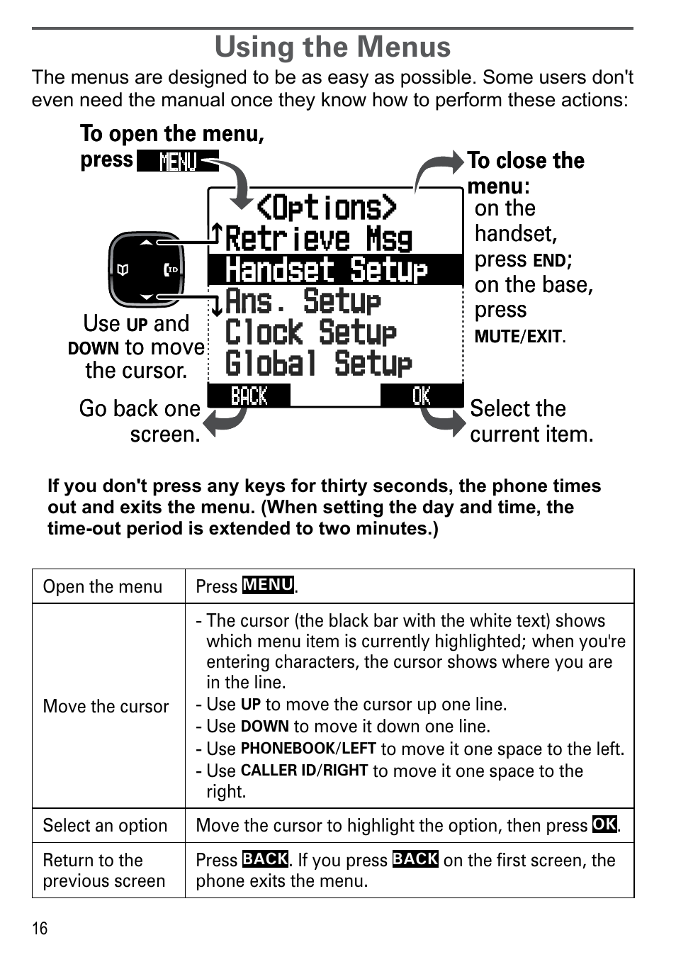 Using the menus, Go back one screen. on the handset, press, On the base, press | Uniden DECT4086-4 User Manual | Page 18 / 52