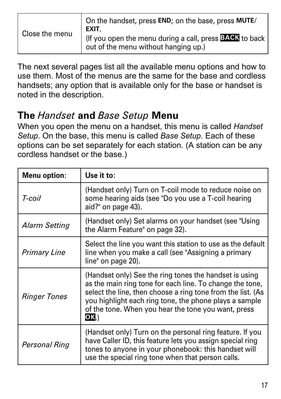 The handset and base setup menu | Uniden DECT4086-4 User Manual | Page 19 / 52