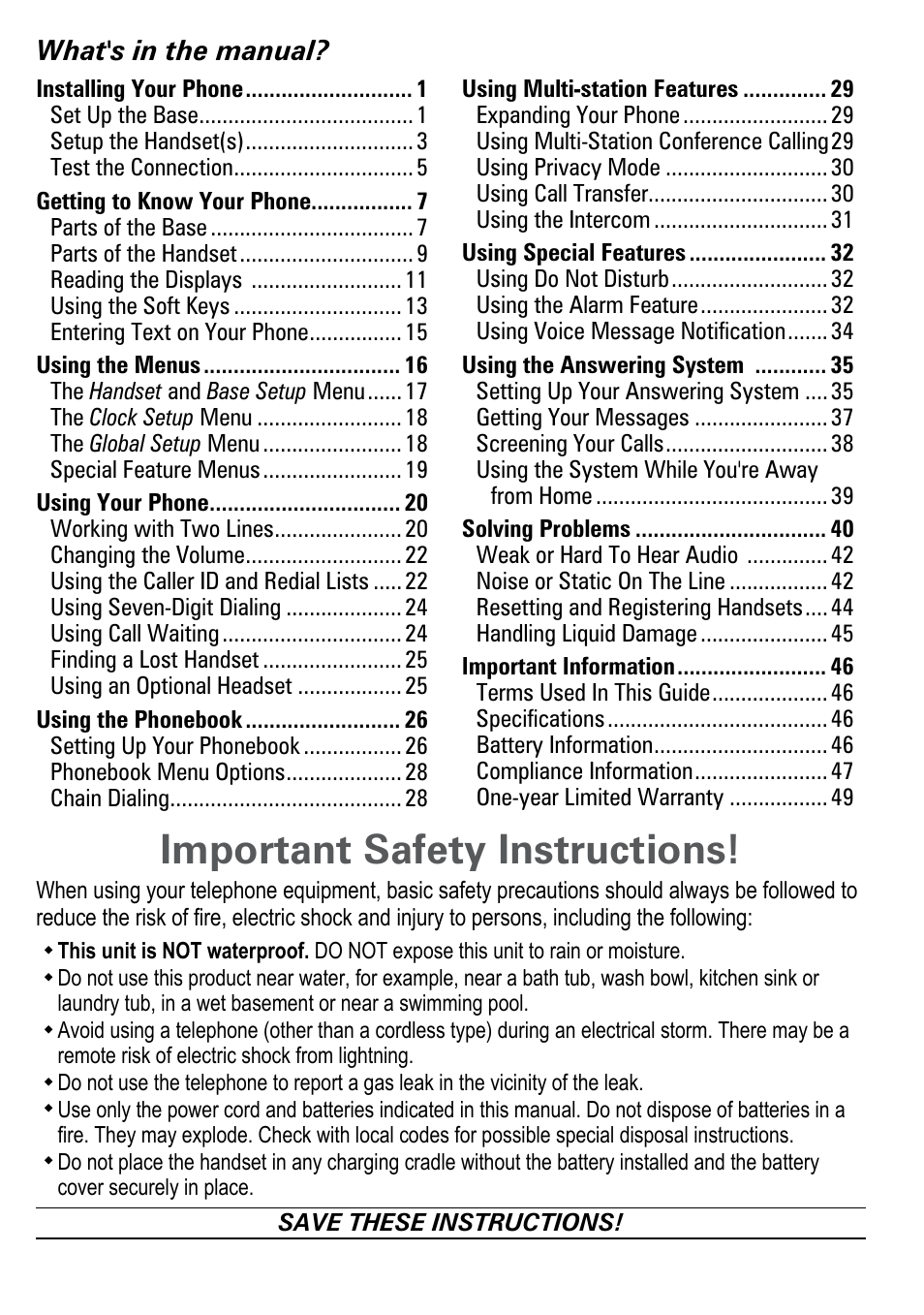 Important safety instructions, What's in the manual | Uniden DECT4086-4 User Manual | Page 2 / 52