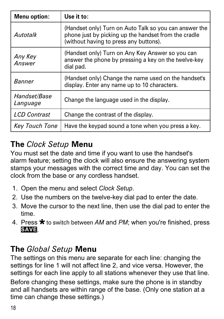 The clock setup menu, The global setup menu | Uniden DECT4086-4 User Manual | Page 20 / 52