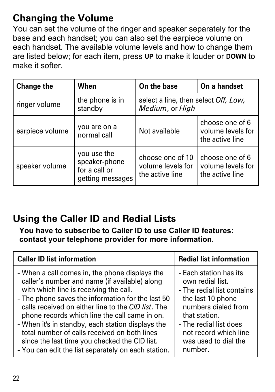 Changing the volume, Using the caller id and redial lists | Uniden DECT4086-4 User Manual | Page 24 / 52