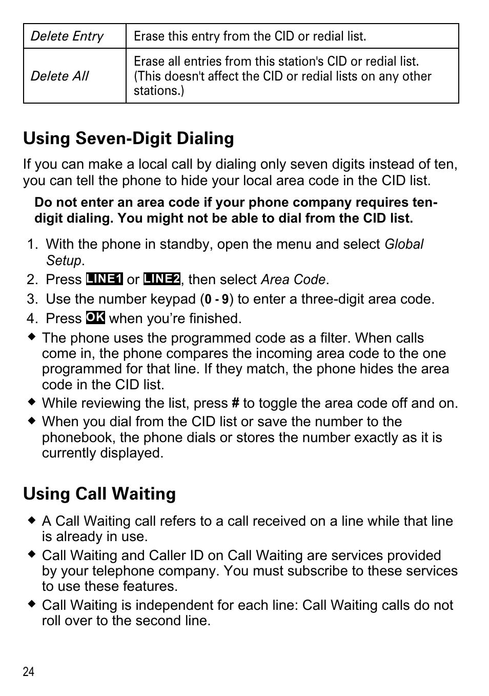 Using seven-digit dialing, Using call waiting | Uniden DECT4086-4 User Manual | Page 26 / 52