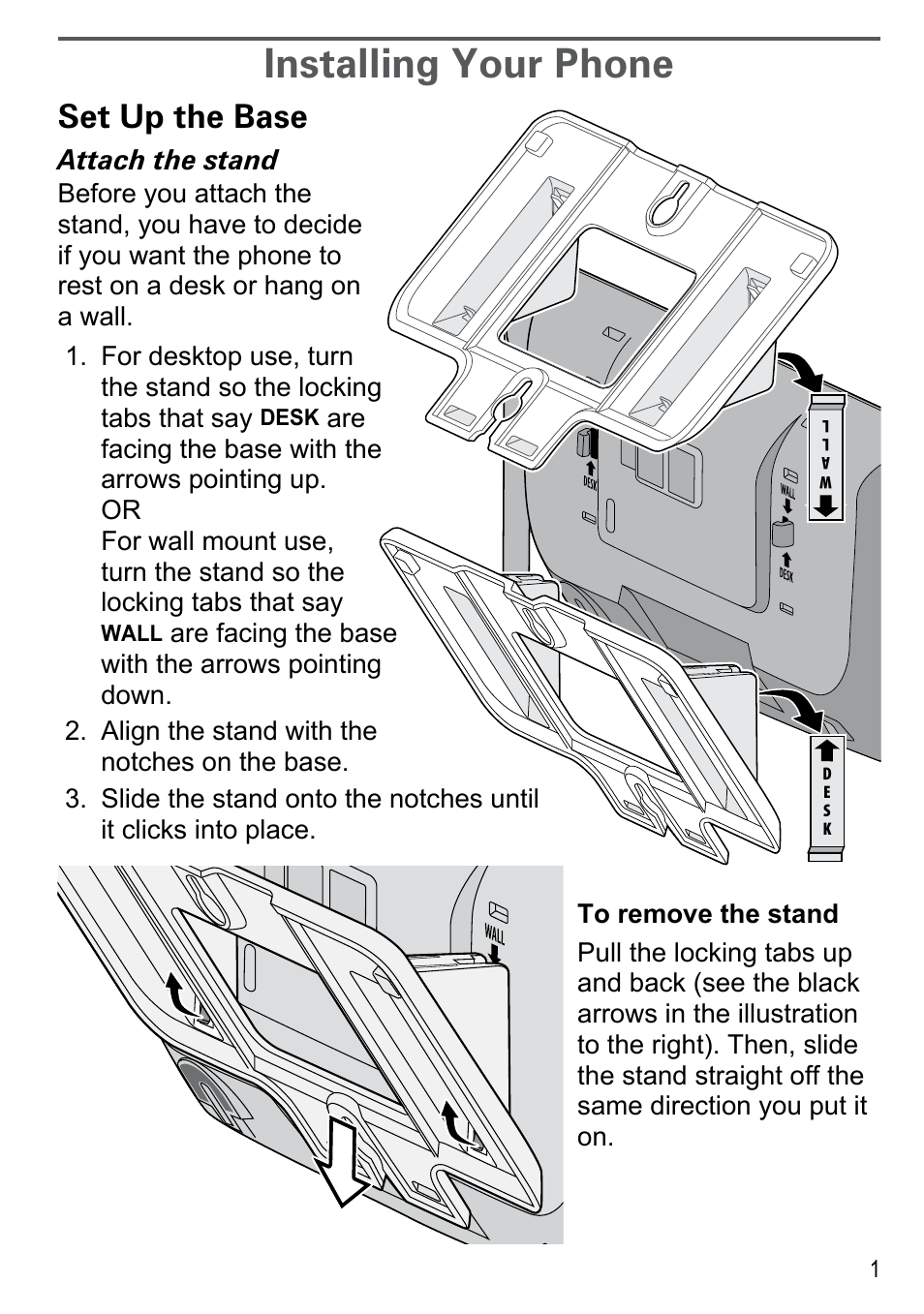 Installing your phone, Set up the base, Attach the stand | Uniden DECT4086-4 User Manual | Page 3 / 52