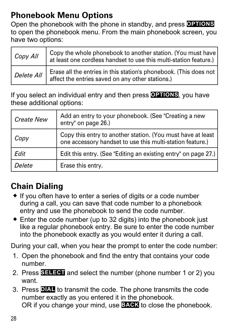 Phonebook menu options, Chain dialing | Uniden DECT4086-4 User Manual | Page 30 / 52