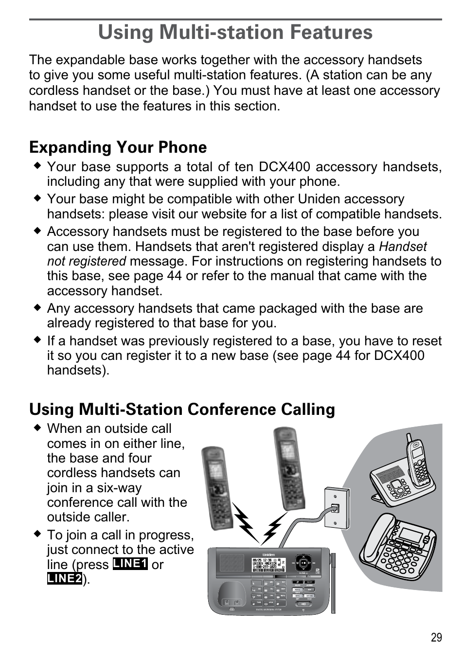 Using multi-station features, Expanding your phone, Using multi-station conference calling | Using multi-station conference calling 29 | Uniden DECT4086-4 User Manual | Page 31 / 52