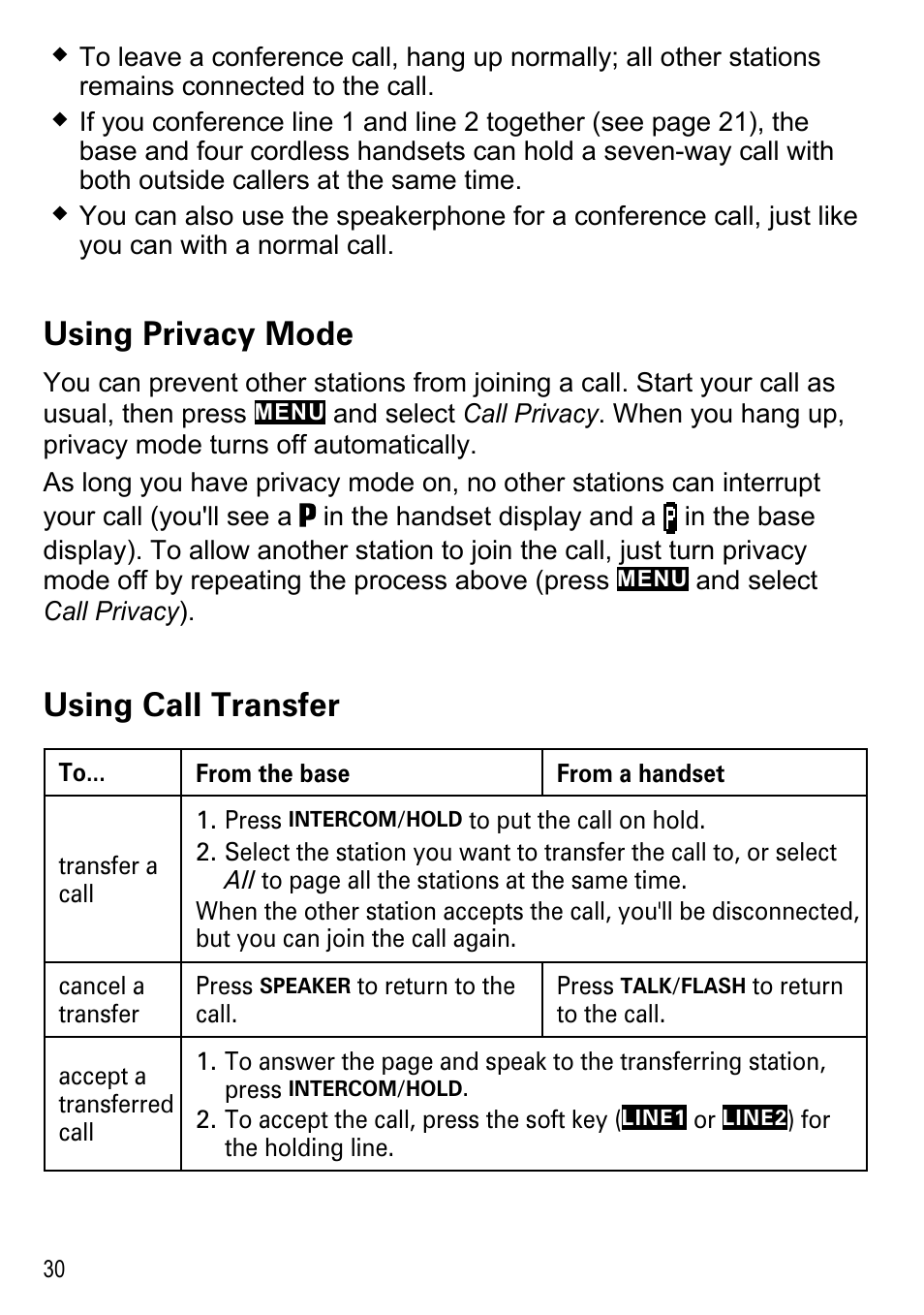 Using privacy mode, Using call transfer | Uniden DECT4086-4 User Manual | Page 32 / 52