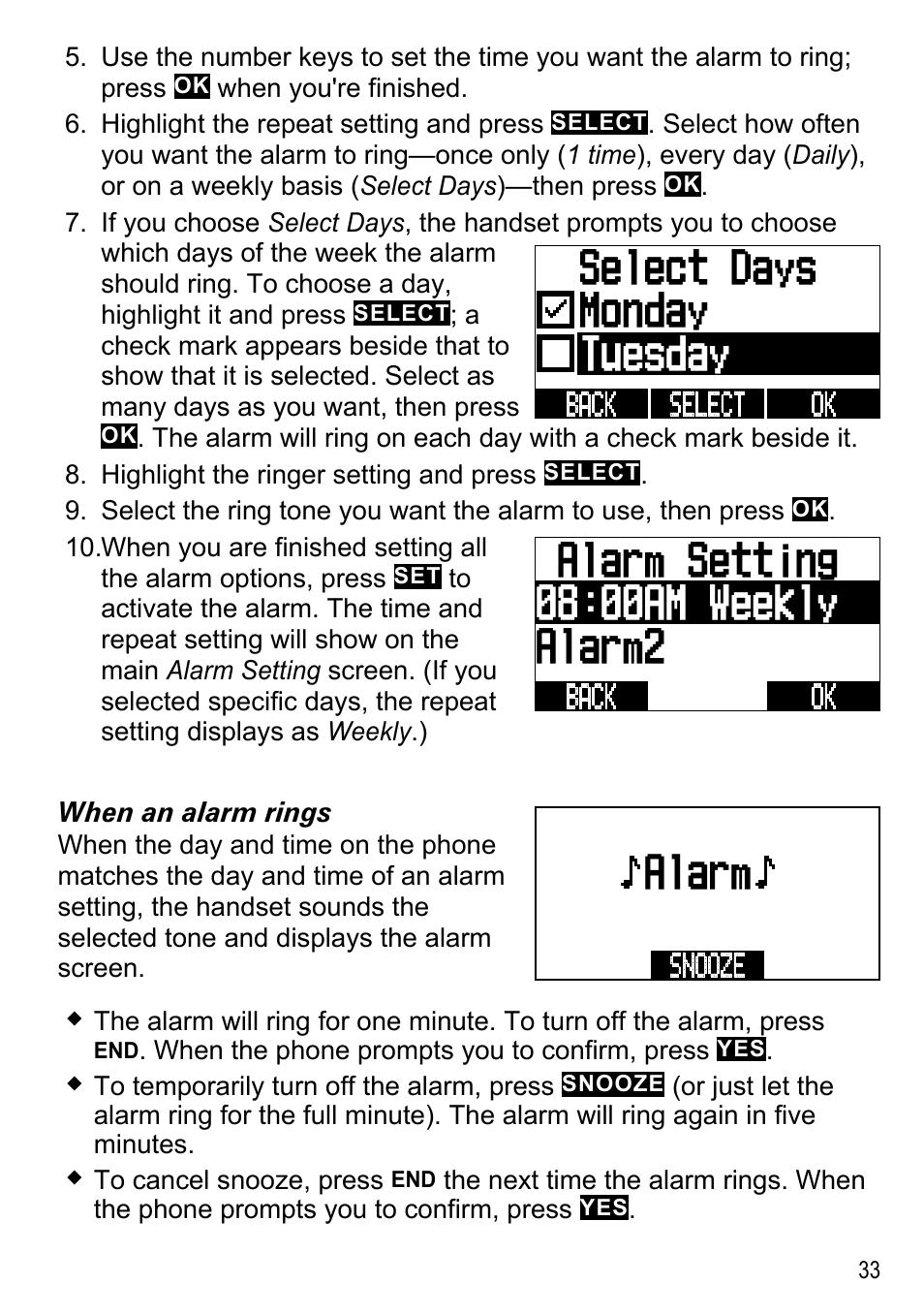 Select days monday tuesday, Alarm | Uniden DECT4086-4 User Manual | Page 35 / 52