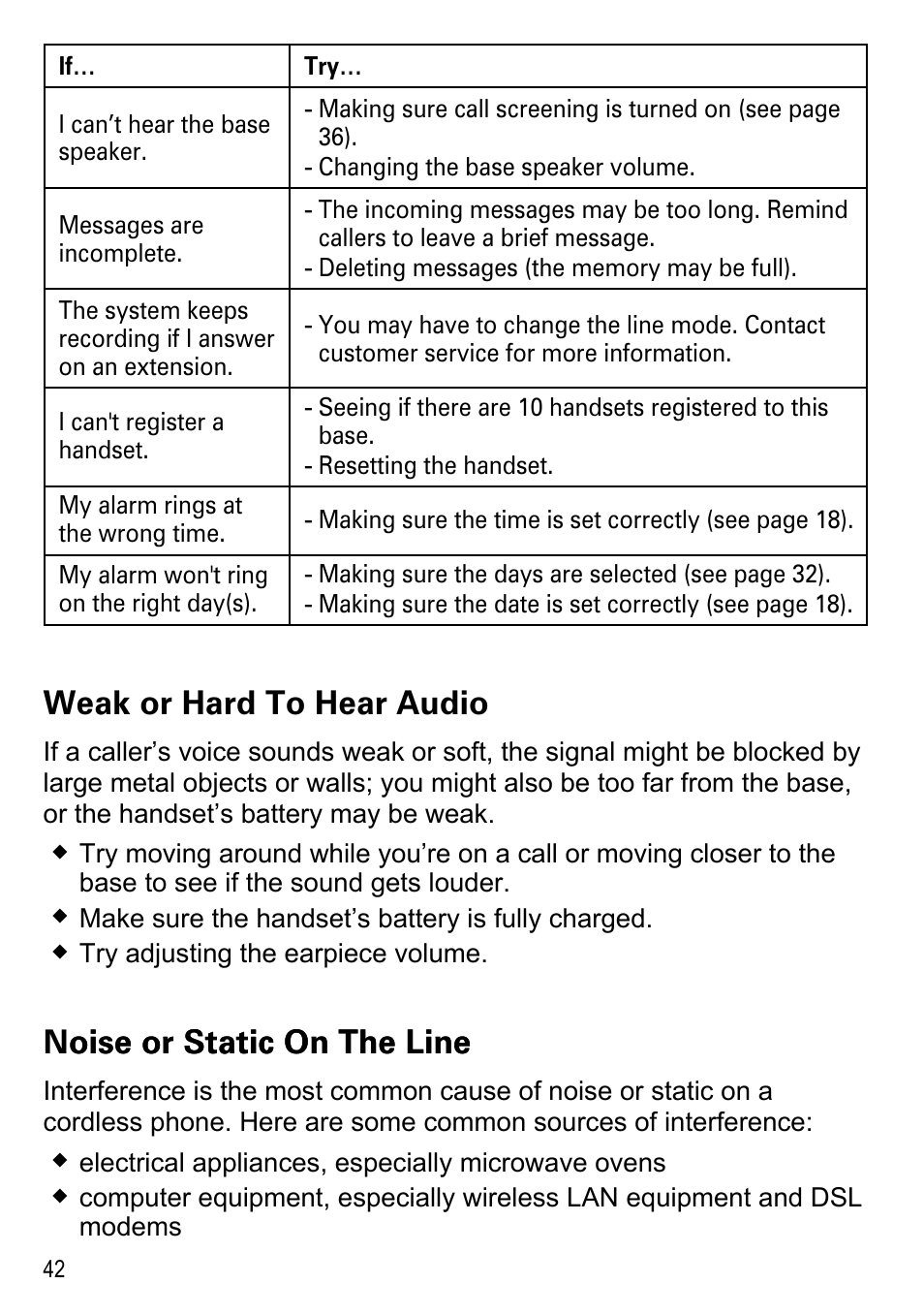 Weak or hard to hear audio, Noise or static on the line | Uniden DECT4086-4 User Manual | Page 44 / 52