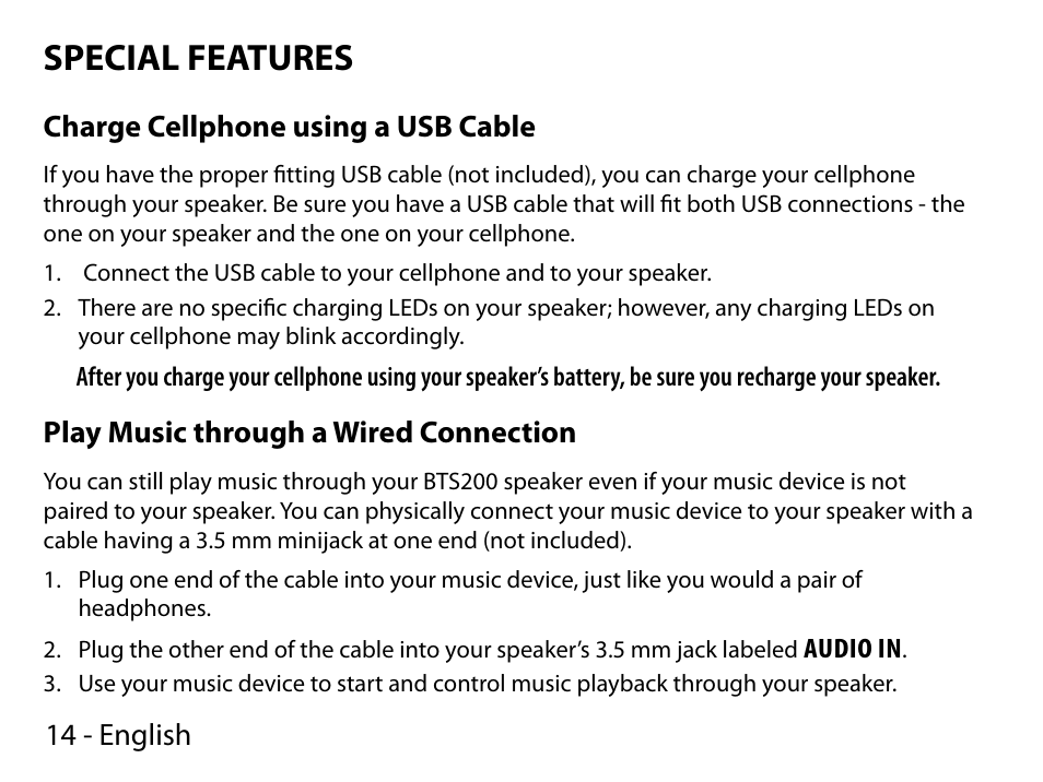 Special features, 14 - english, Charge cellphone using a usb cable | Play music through a wired connection | Uniden BTS200 User Manual | Page 14 / 22