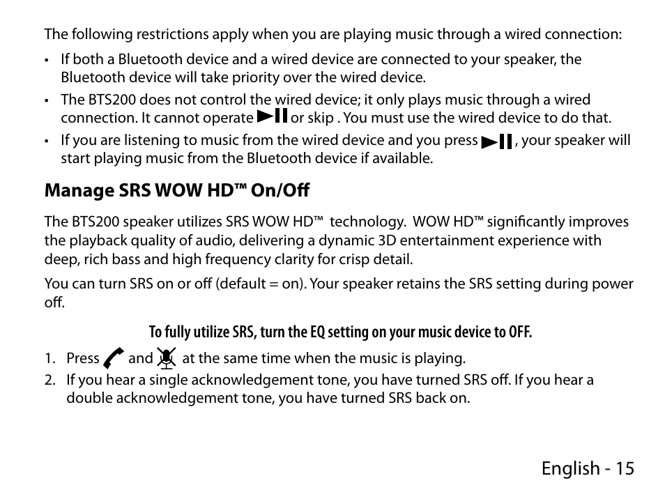 English - 15, Manage srs wow hd™ on/off | Uniden BTS200 User Manual | Page 15 / 22