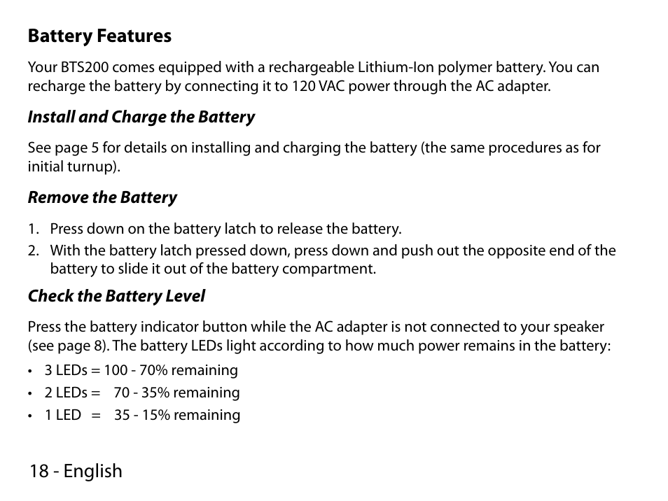 18 - english battery features | Uniden BTS200 User Manual | Page 18 / 22