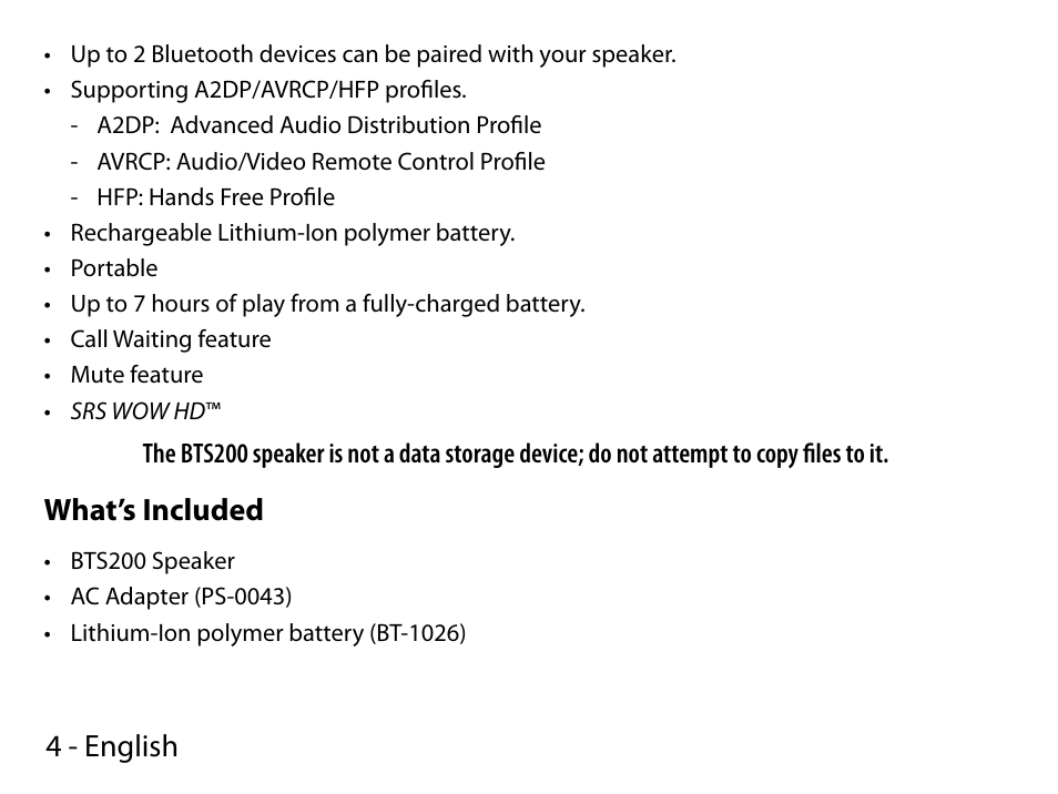 4 - english, What’s included | Uniden BTS200 User Manual | Page 4 / 22