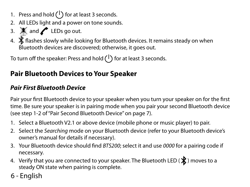 6 - english, Pair bluetooth devices to your speaker | Uniden BTS200 User Manual | Page 6 / 22