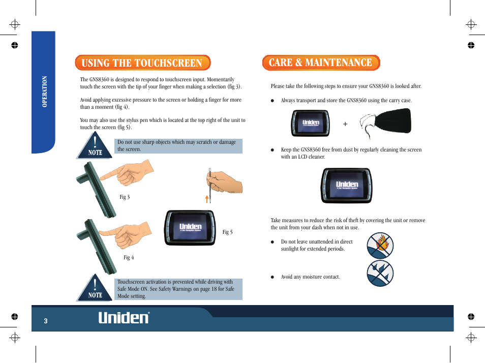 Using the touchscreen, Care & maintenance | Uniden GNS8365BT User Manual | Page 10 / 120