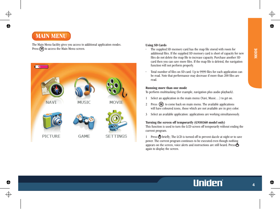 Main menu | Uniden GNS8365BT User Manual | Page 11 / 120