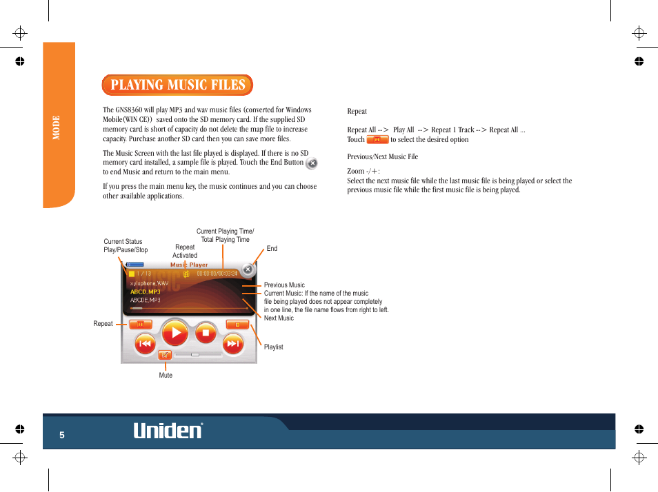 Playing music files, Mode, Mo d e | Uniden GNS8365BT User Manual | Page 12 / 120