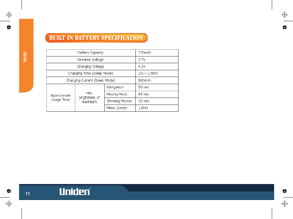 Built in battery specification | Uniden GNS8365BT User Manual | Page 18 / 120