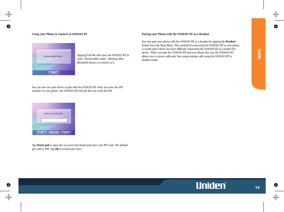 Mo d e | Uniden GNS8365BT User Manual | Page 21 / 120