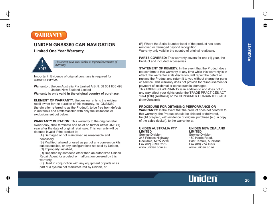 Warranty, Uniden gns8360 car navigation, War r an t y | Uniden GNS8365BT User Manual | Page 27 / 120