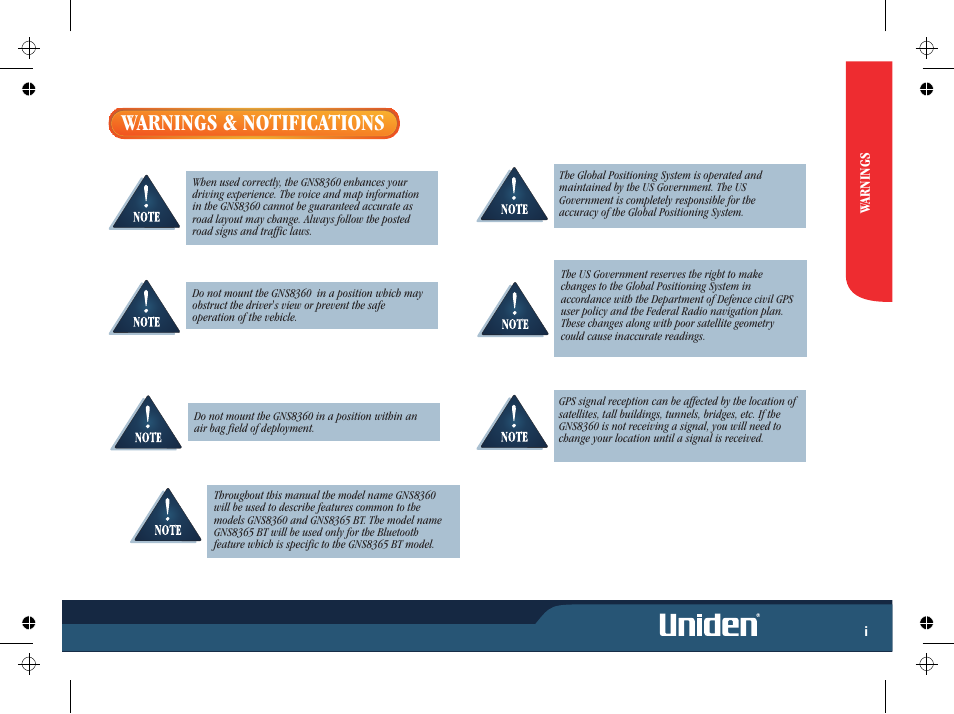 Warnings & notifications | Uniden GNS8365BT User Manual | Page 3 / 120