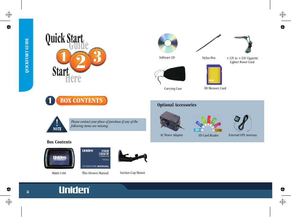 Quick start, Start, Guide | Here | Uniden GNS8365BT User Manual | Page 4 / 120