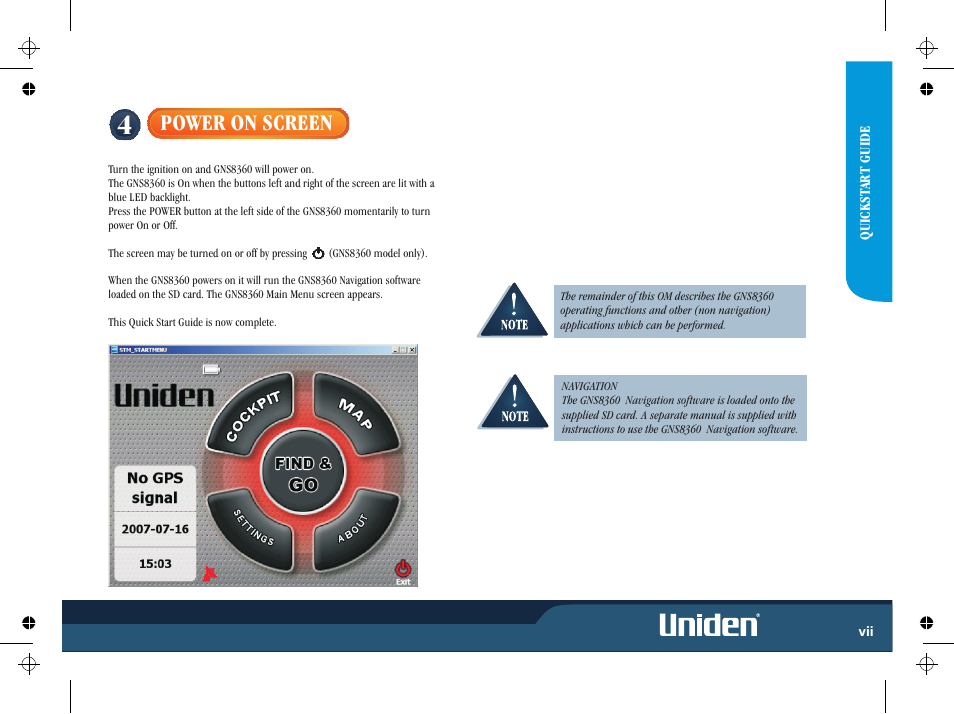 Power on screen | Uniden GNS8365BT User Manual | Page 7 / 120