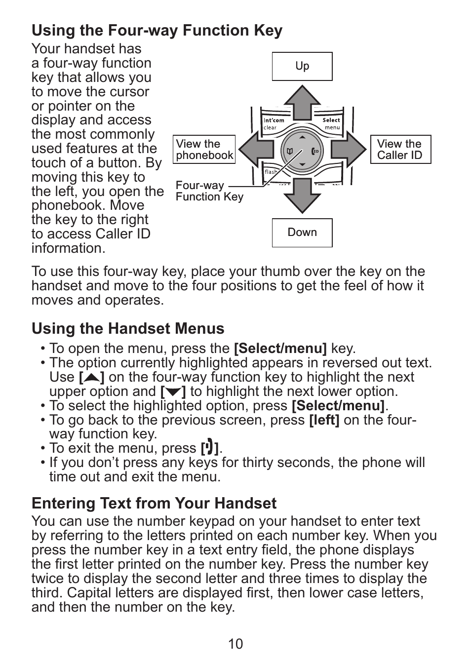 Using the four-way function key, Using the handset menus, Entering text from your handset | Uniden DCX300 Series User Manual | Page 11 / 24