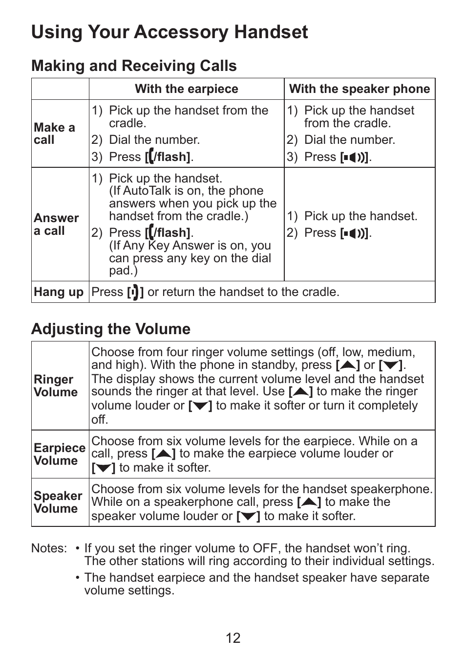 Using your accessory handset, Making and receiving calls, Adjusting the volume | Uniden DCX300 Series User Manual | Page 13 / 24