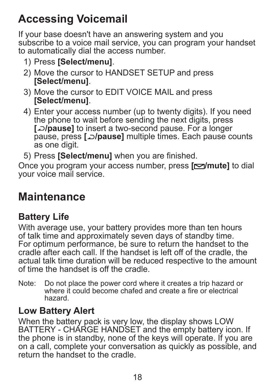 Accessing voicemail, Maintenance, Battery life | Low battery alert | Uniden DCX300 Series User Manual | Page 19 / 24