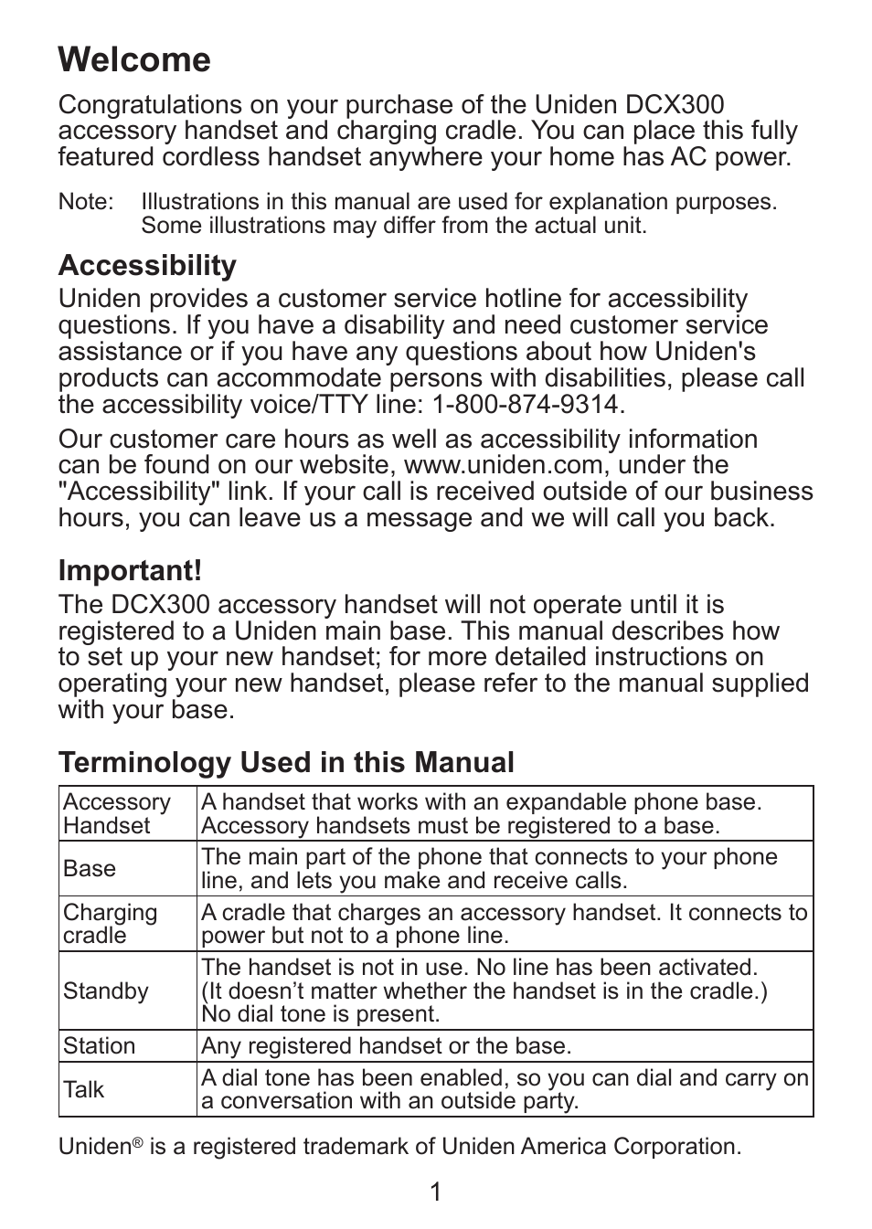 Welcome, Accessibility, Important | Terminology used in this manual | Uniden DCX300 Series User Manual | Page 2 / 24