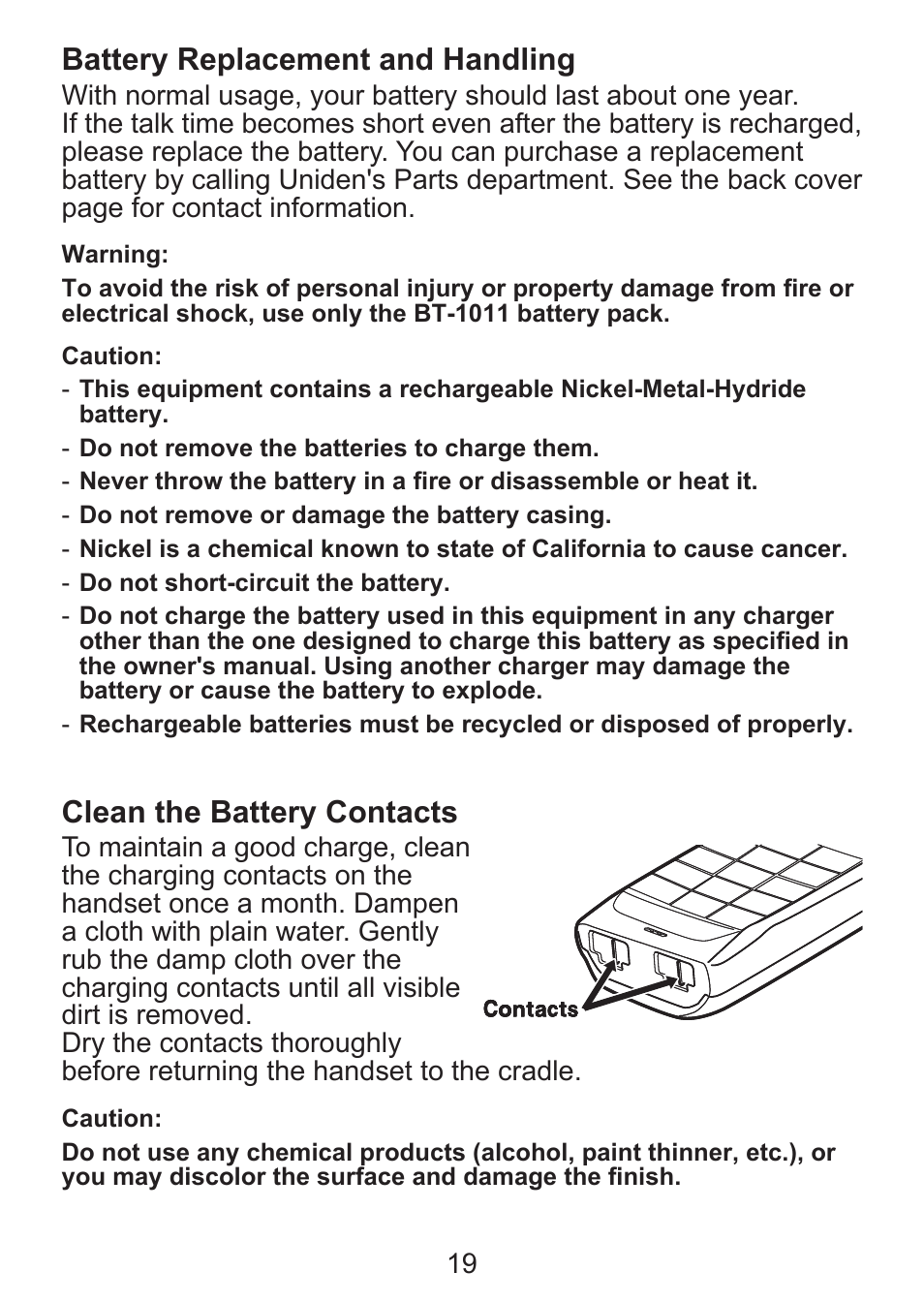 Battery replacement and handling, Clean the battery contacts | Uniden DCX300 Series User Manual | Page 20 / 24