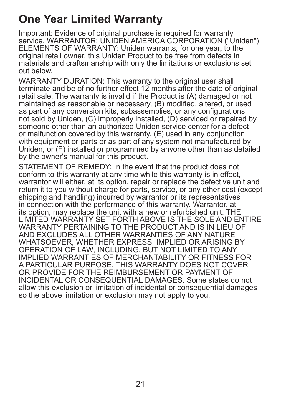 One year limited warranty | Uniden DCX300 Series User Manual | Page 22 / 24