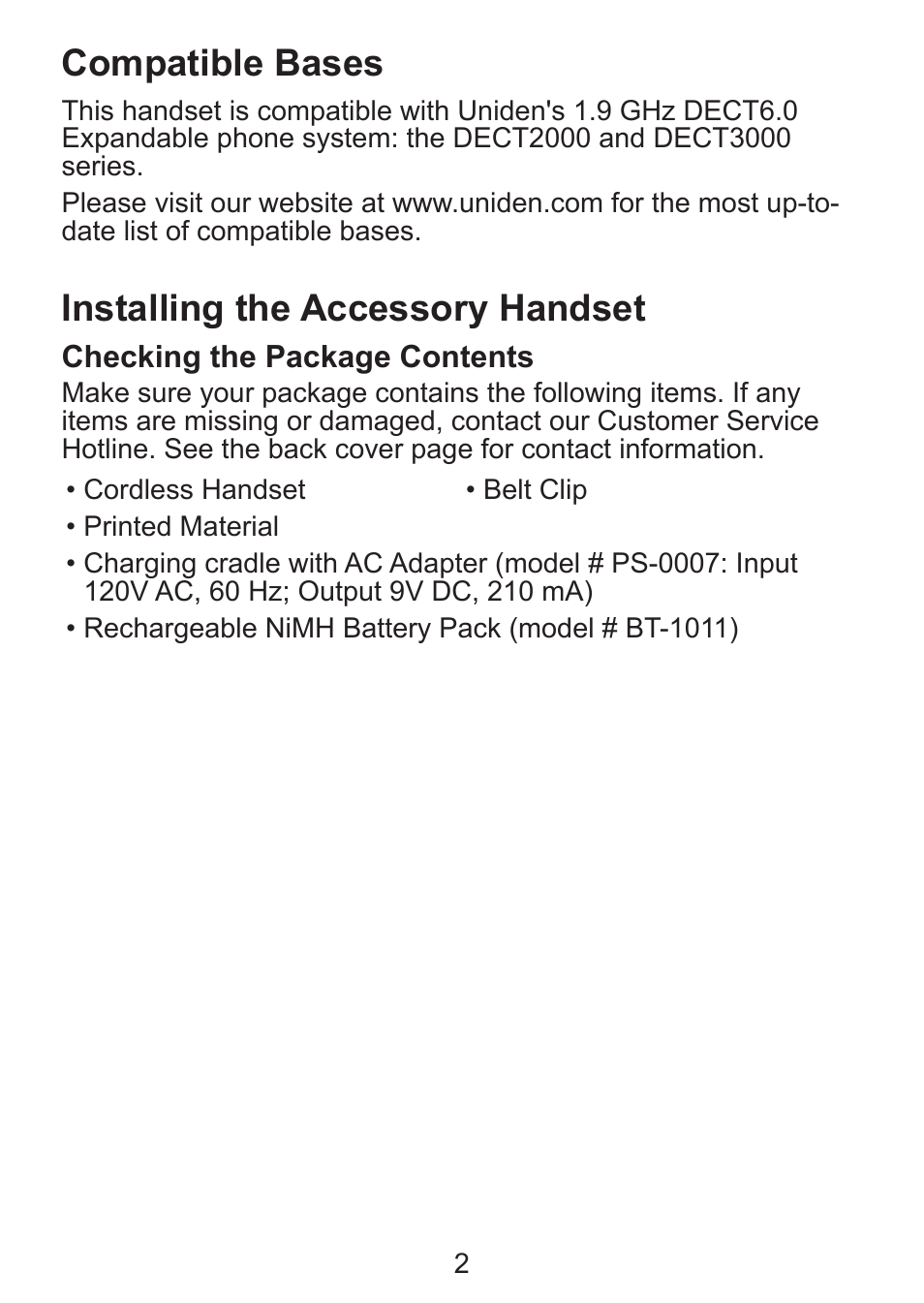 Compatible bases, Installing the accessory handset, Checking the package contents | Uniden DCX300 Series User Manual | Page 3 / 24