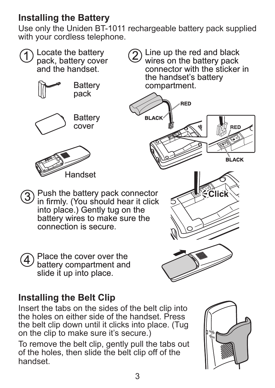 Installing the battery, Installing the belt clip | Uniden DCX300 Series User Manual | Page 4 / 24