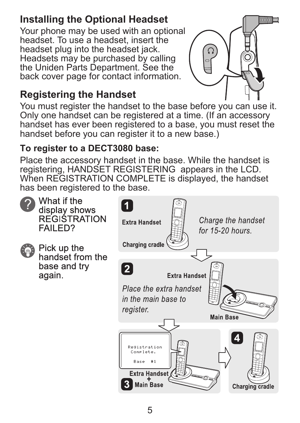 Installing the optional headset, Registering the handset | Uniden DCX300 Series User Manual | Page 6 / 24
