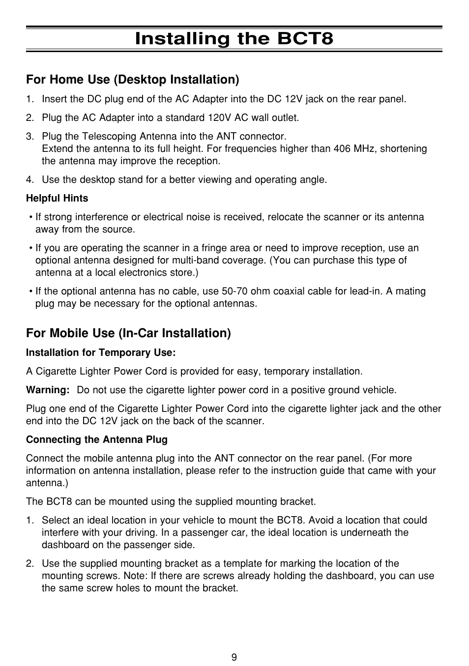 Installing the bct8, For home use (desktop installation), For mobile use (in-car installation) | Uniden BCT8 User Manual | Page 13 / 68