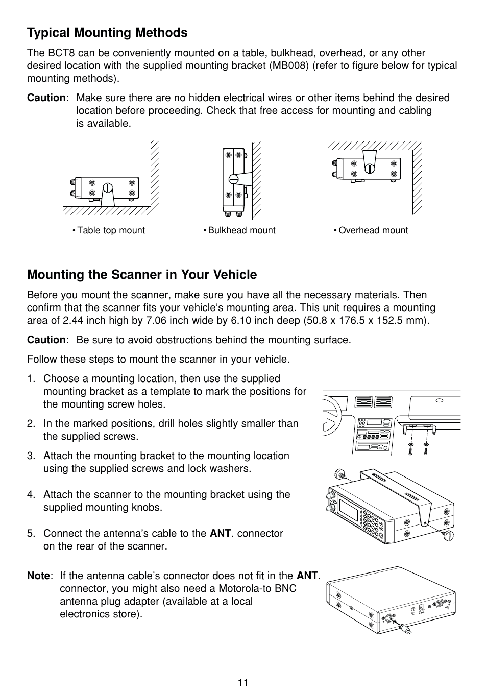 Typical mounting methods, Mounting the scanner in your vehicle | Uniden BCT8 User Manual | Page 15 / 68