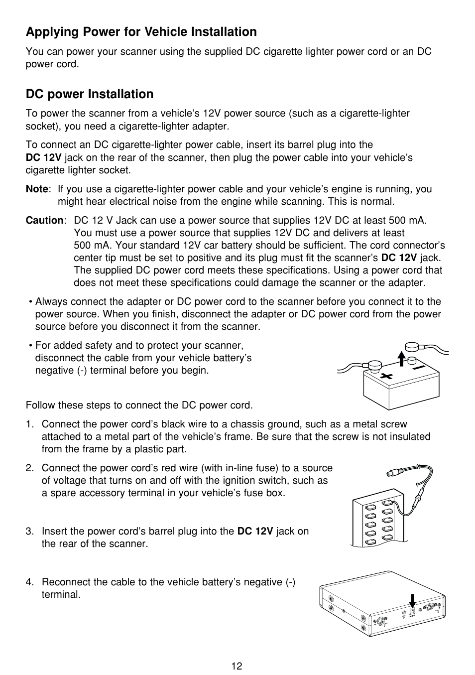 Applying power for vehicle installation, Dc power installation | Uniden BCT8 User Manual | Page 16 / 68