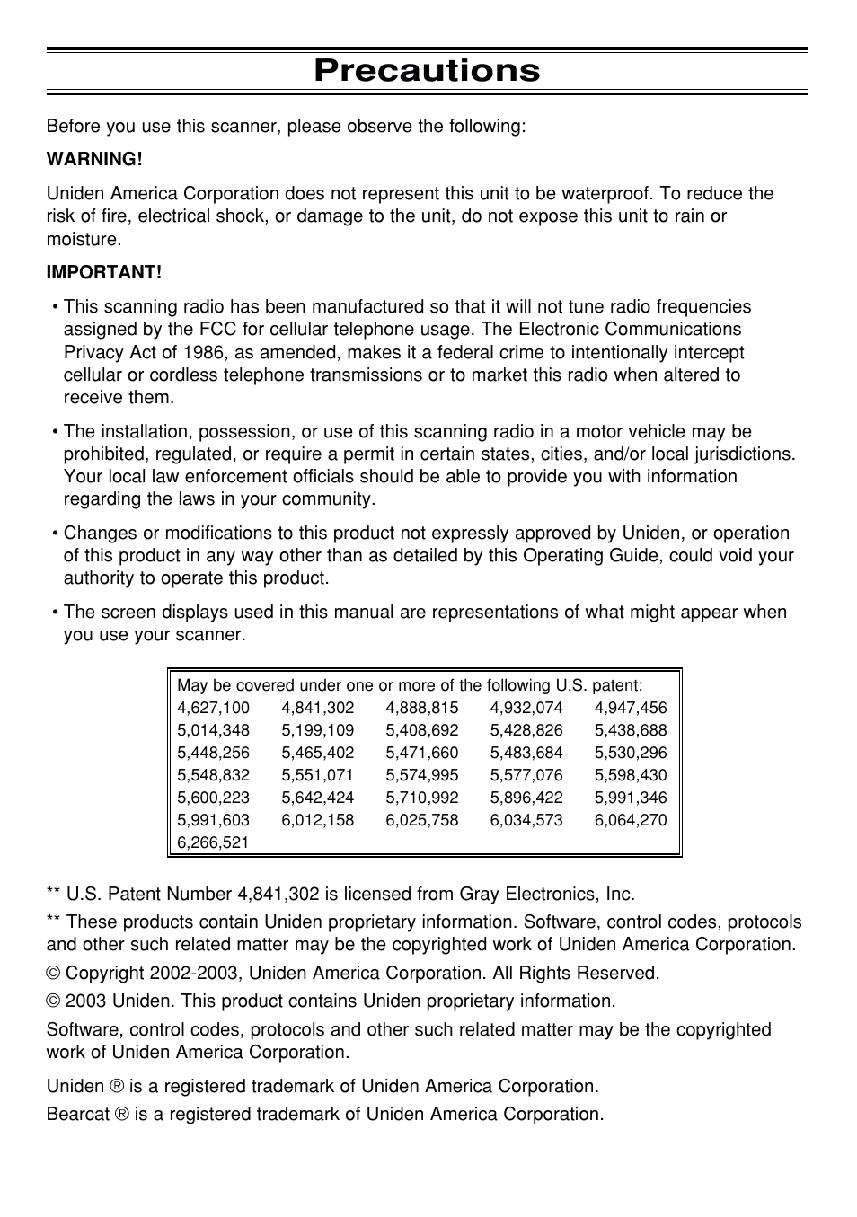 Precautions | Uniden BCT8 User Manual | Page 2 / 68