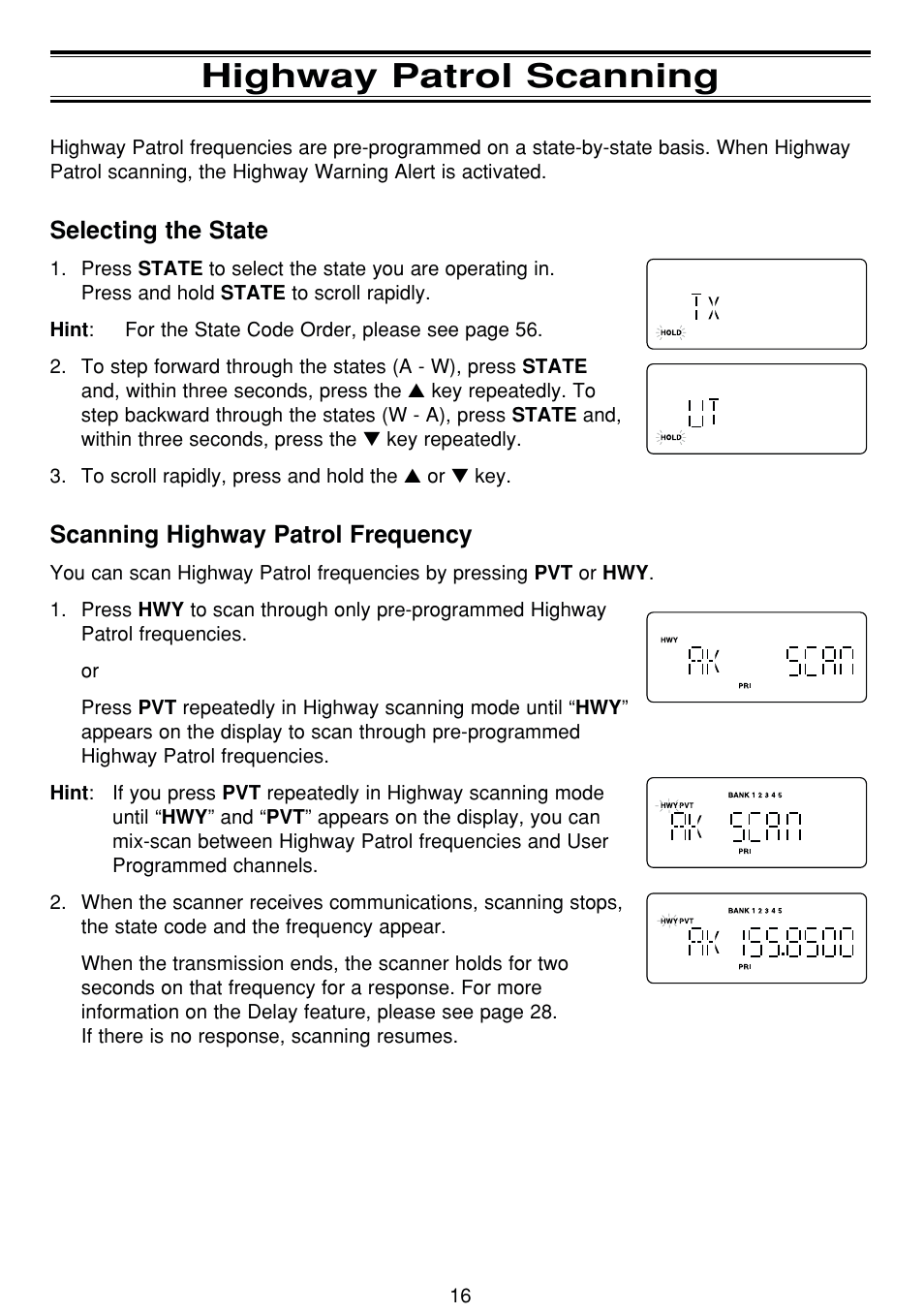 Highway patrol scanning, Selecting the state, Scanning highway patrol frequency | Uniden BCT8 User Manual | Page 20 / 68