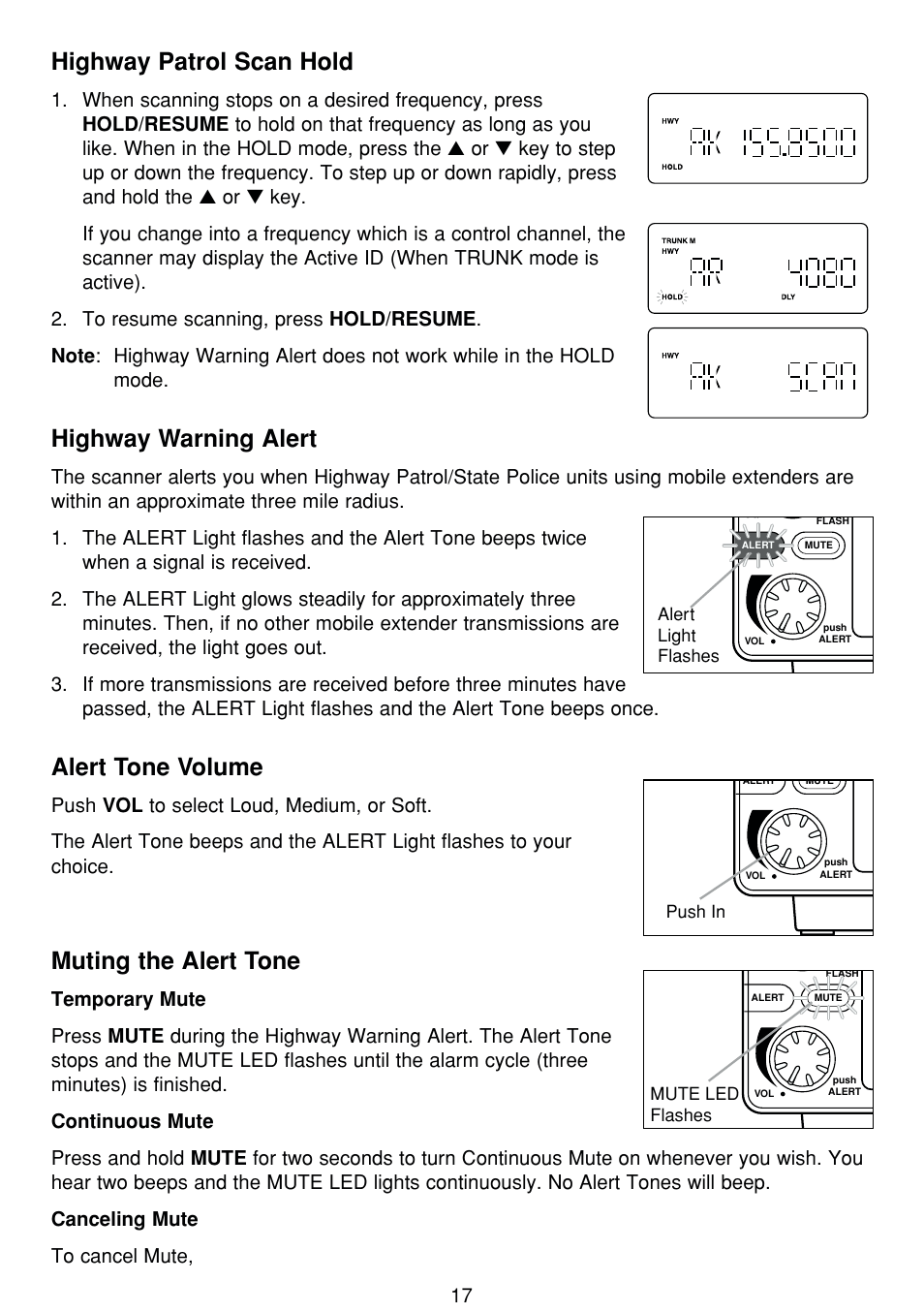 Highway patrol scan hold, Highway warning alert, Alert tone volume | Muting the alert tone | Uniden BCT8 User Manual | Page 21 / 68