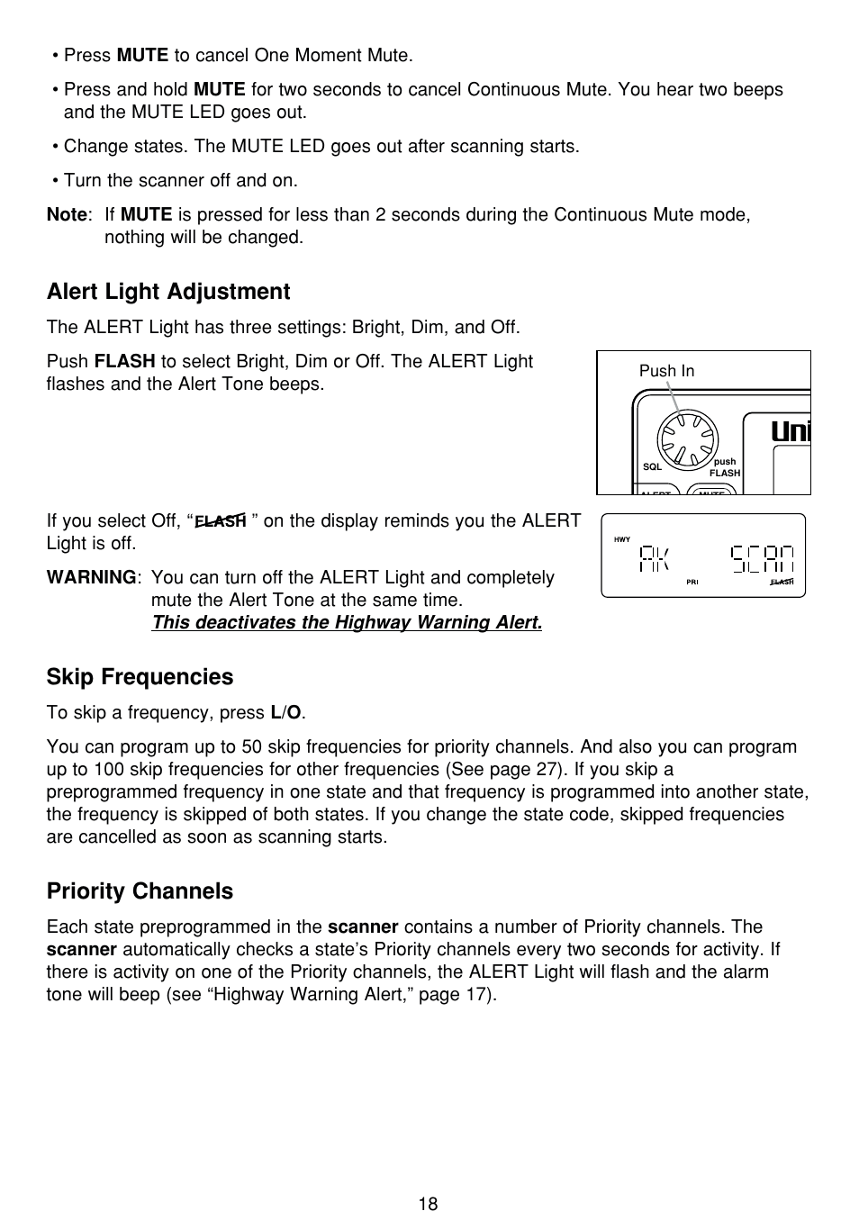 Alert light adjustment, Skip frequencies, Priority channels | Uniden BCT8 User Manual | Page 22 / 68