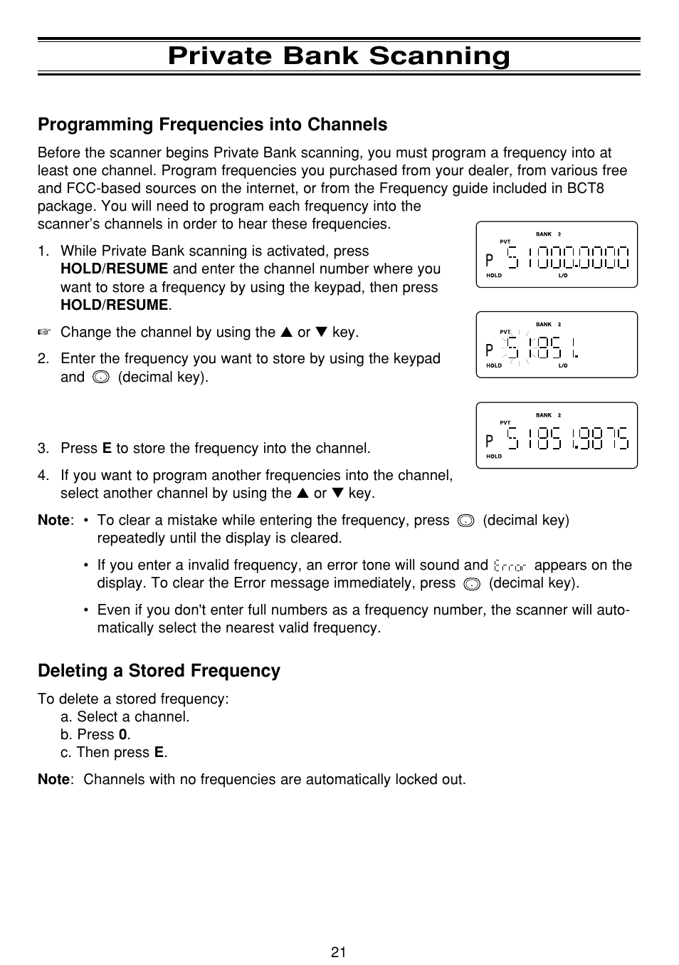 Private bank scanning, Programming frequencies into channels, Deleting a stored frequency | Uniden BCT8 User Manual | Page 25 / 68