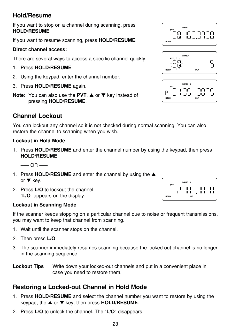 Hold/resume, Channel lockout, Restoring a locked-out channel in hold mode | Uniden BCT8 User Manual | Page 27 / 68