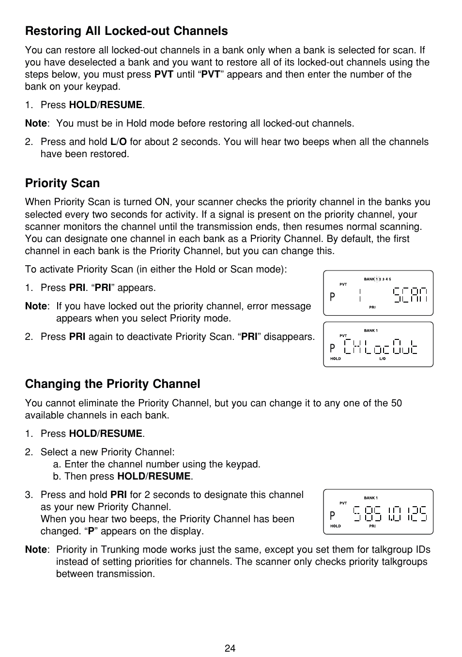 Restoring all locked-out channels, Priority scan, Changing the priority channel | Uniden BCT8 User Manual | Page 28 / 68