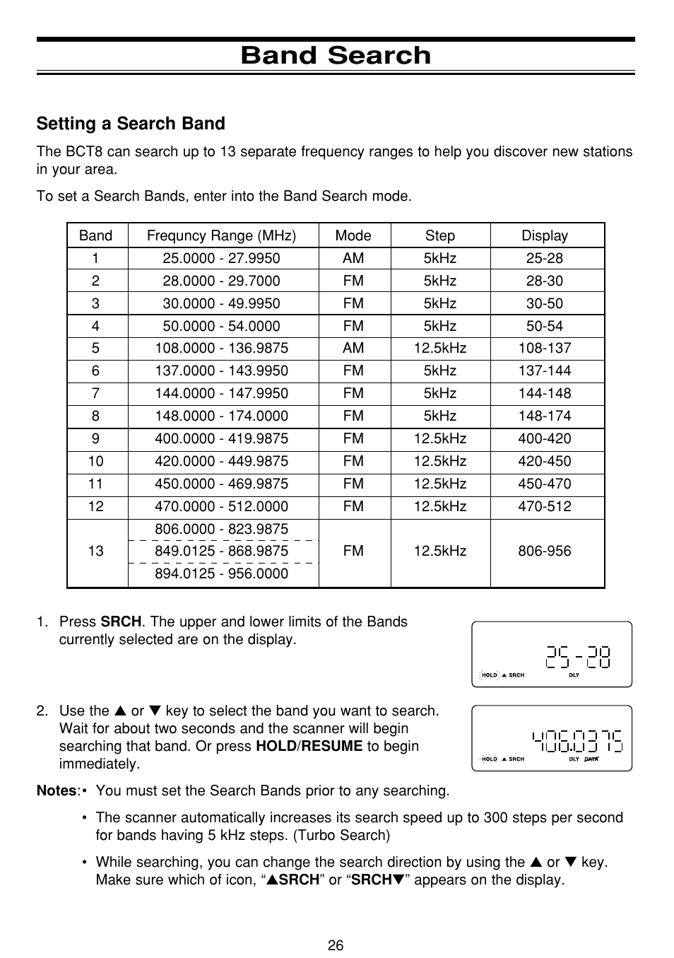 Band search, Setting a search band | Uniden BCT8 User Manual | Page 30 / 68