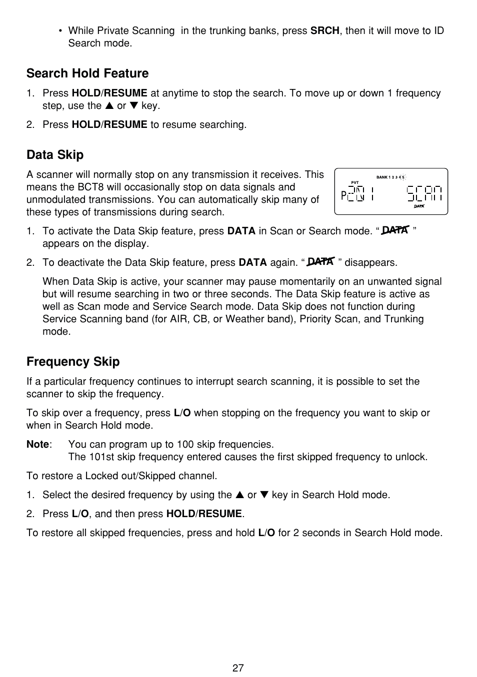 Search hold feature, Data skip, Frequency skip | Uniden BCT8 User Manual | Page 31 / 68
